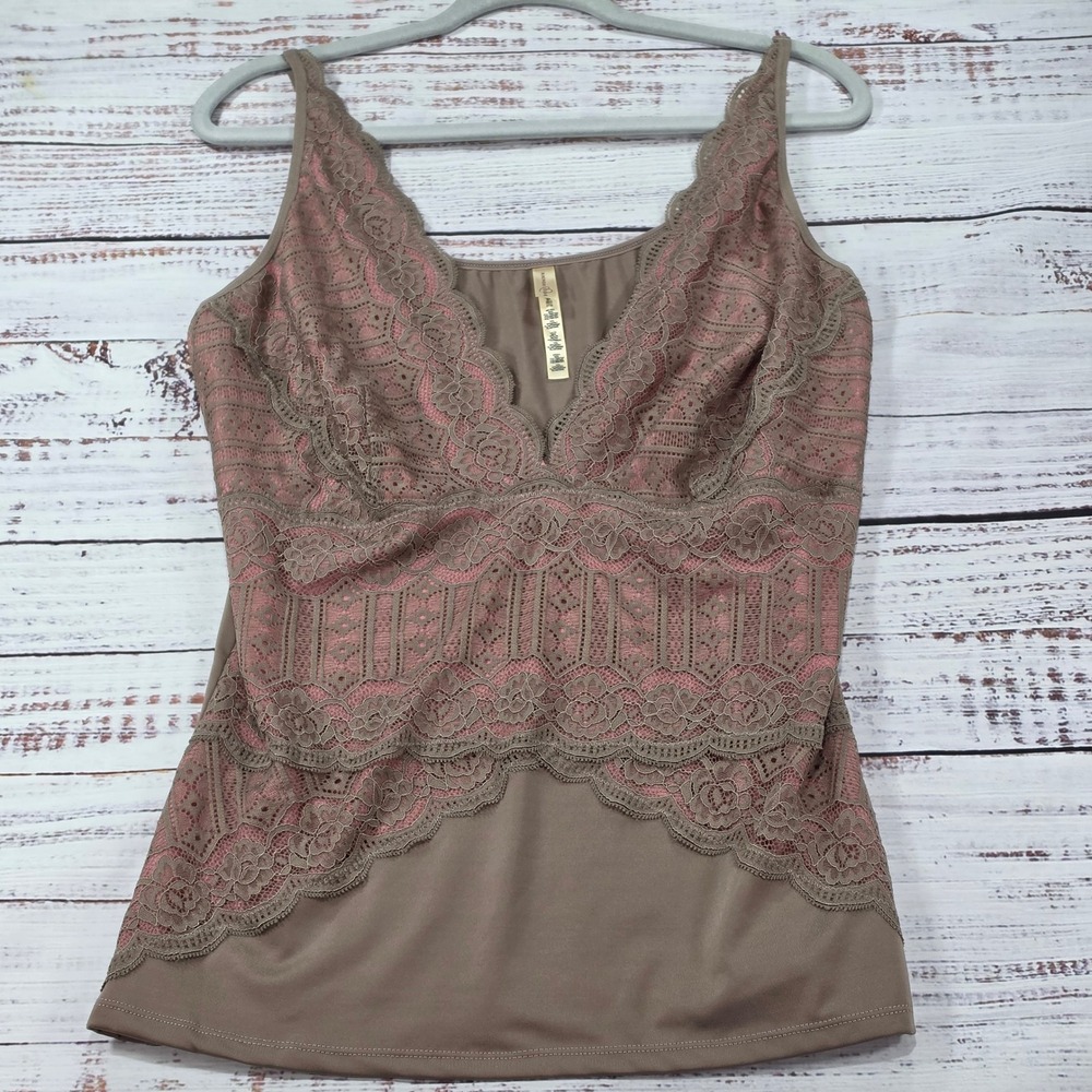 Rhonda Shear Camisole Womens 3X Taupe Mauve Excellent Lace Trim V-Neck Cami